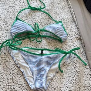 J. Crew Blue and White Striped Bikini with Green Edge